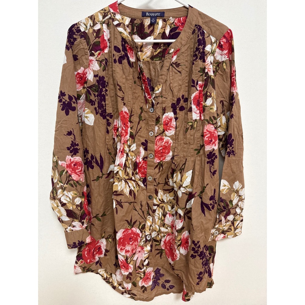 Roamans Brown Floral Pintuck Button Down Tunic Top Plus Size 14W Long Sleeve